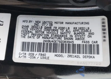 2009 Toyota Corolla Le z USA, uszkodzony, nr VIN 1NXBU40E79Z083945